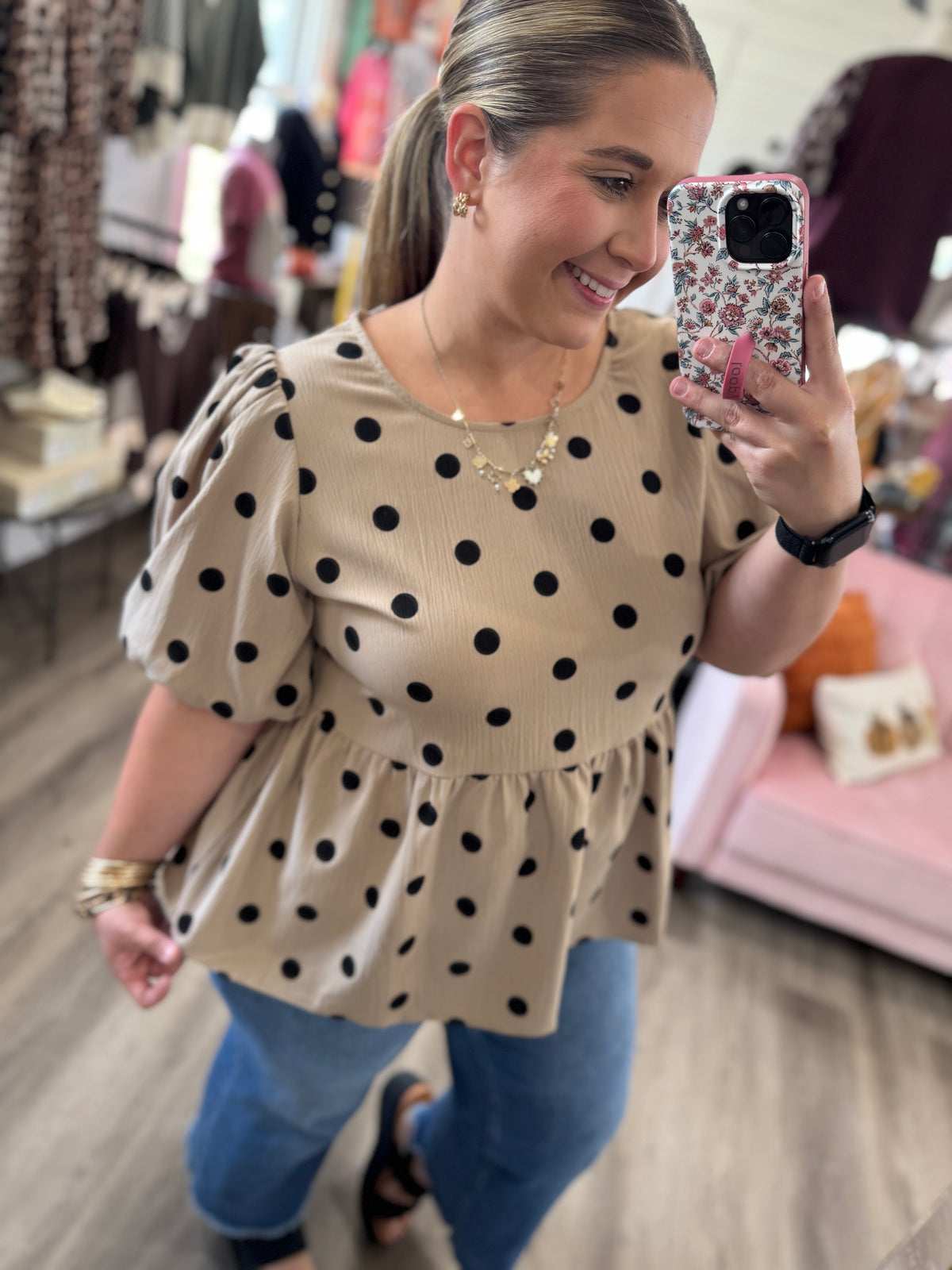 Kendall Polka Dot Puff Sleeve Top-Taupe
