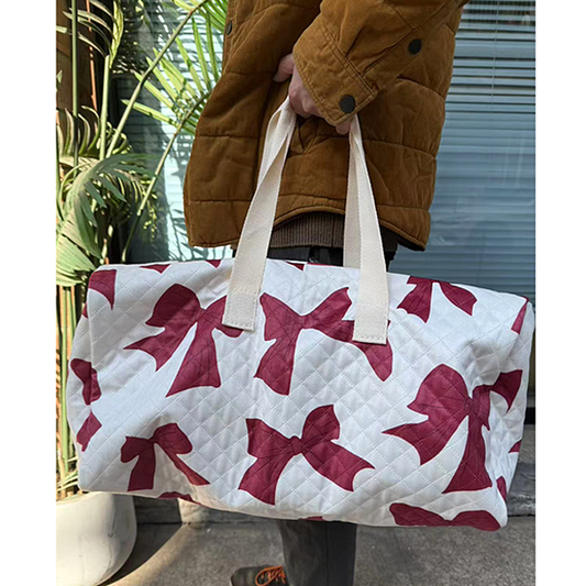 Bow Print Quilted Design Duffel Bag- Burgundy