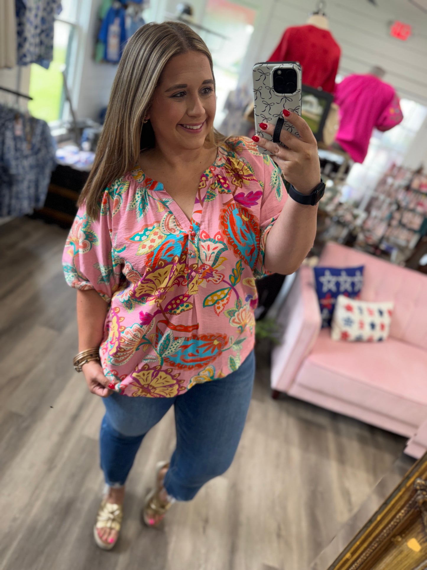 Sandra Paisley Print V-Neck Top-Pink Mix