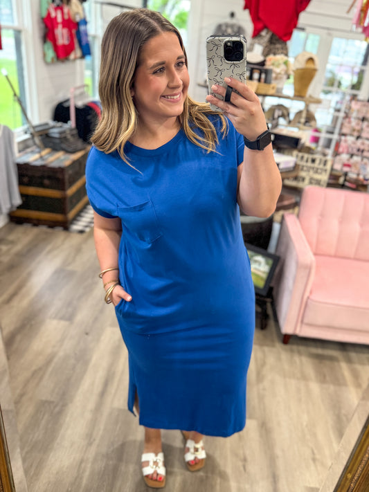 Emmah Solid Midi Dress-Blue