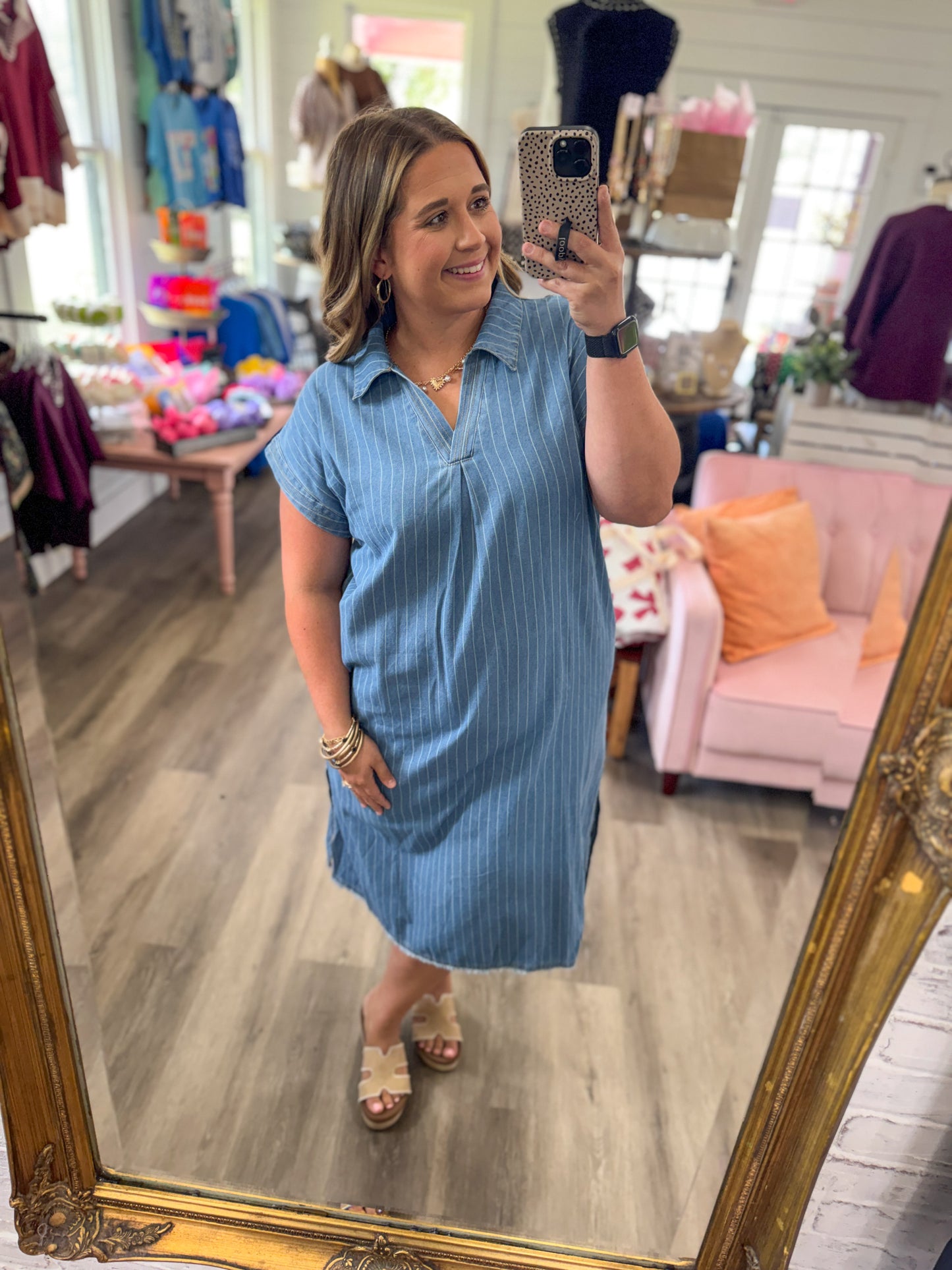 Darling Pinstripe Denim Collared Midi Dress