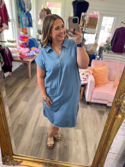 Darling Pinstripe Denim Collared Midi Dress