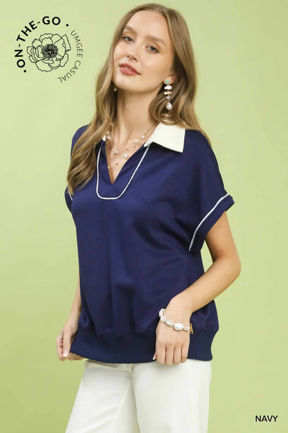 Christian Contrast Collar Soft Knit Polo Top- Navy