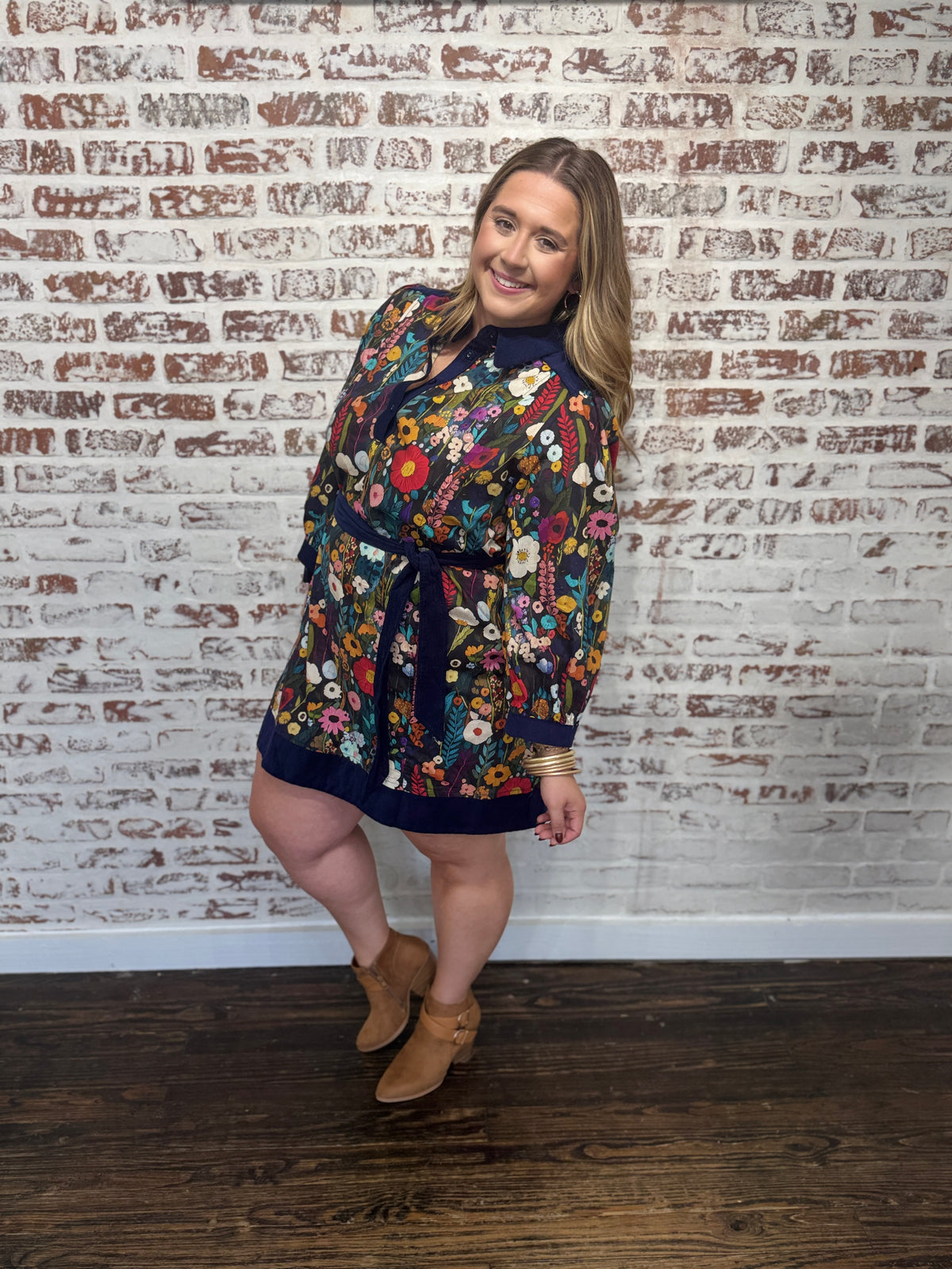 Floral Print Belted Puff Sleeve Dress