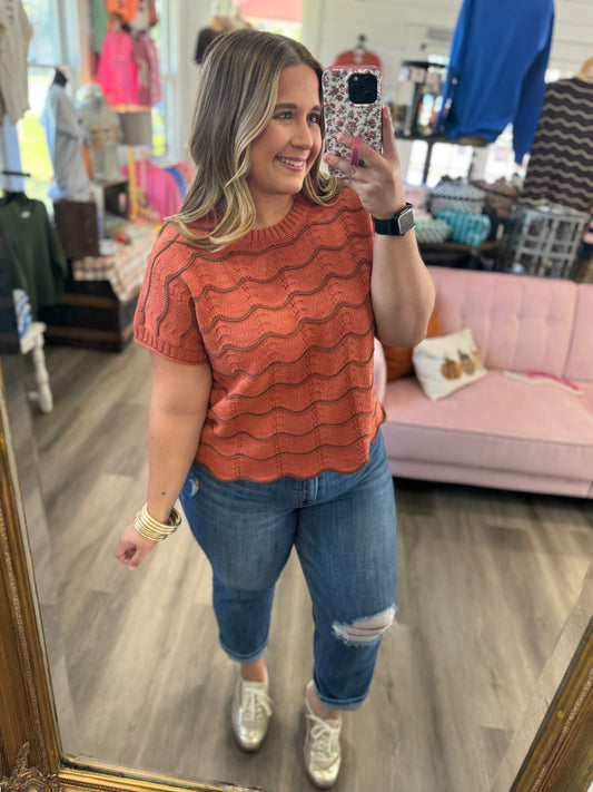Bree Scallop Stripe Sweater-Rust