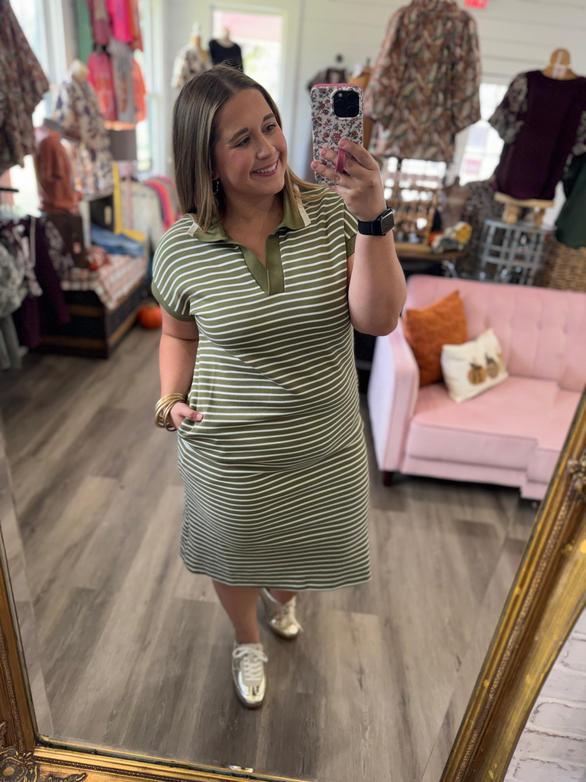 Striped Collared Pocket Midi Dress-Green