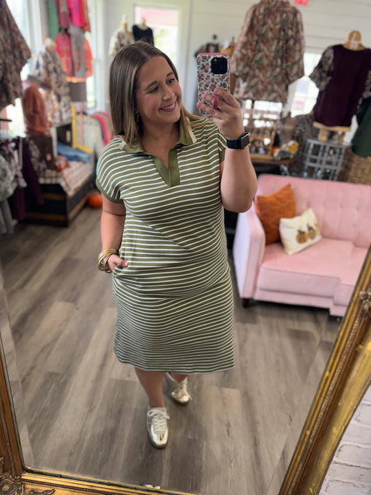 Striped Collared Pocket Midi Dress-Green