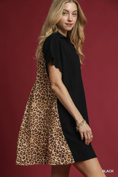 Alisha Linen Dress with Leopard Print Back