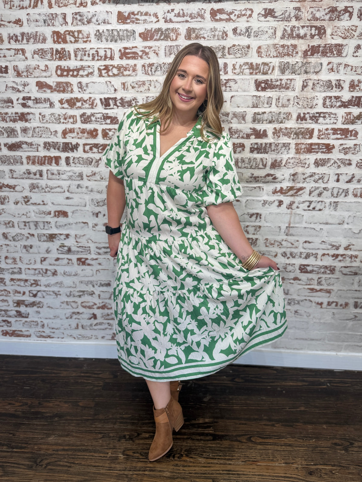 Botanical Print A-Line Tiered Midi Dress