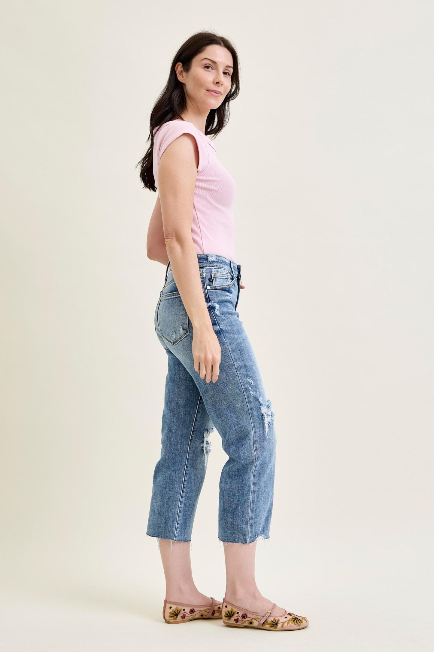 Annie High Waist w/ Destroy Crop Wide Leg Jeans
