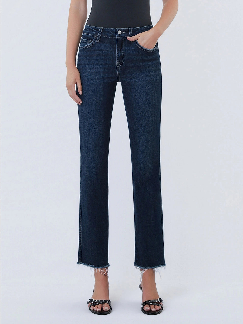 Reunite MR Dark Wash Raw Hem Ankle Straight Jeans