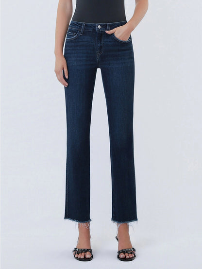 Reunite MR Dark Wash Raw Hem Ankle Straight Jeans