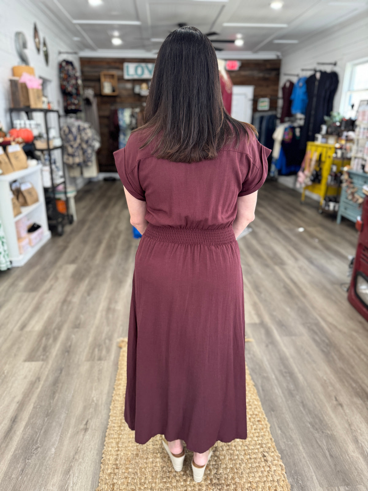 Rebecca Zip-Up Collared Pocket Midi Dress-Wine