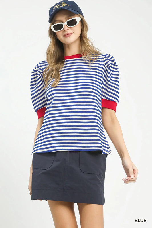 Vicki Striped Puff Sleeve Contrast Trim Knit Top