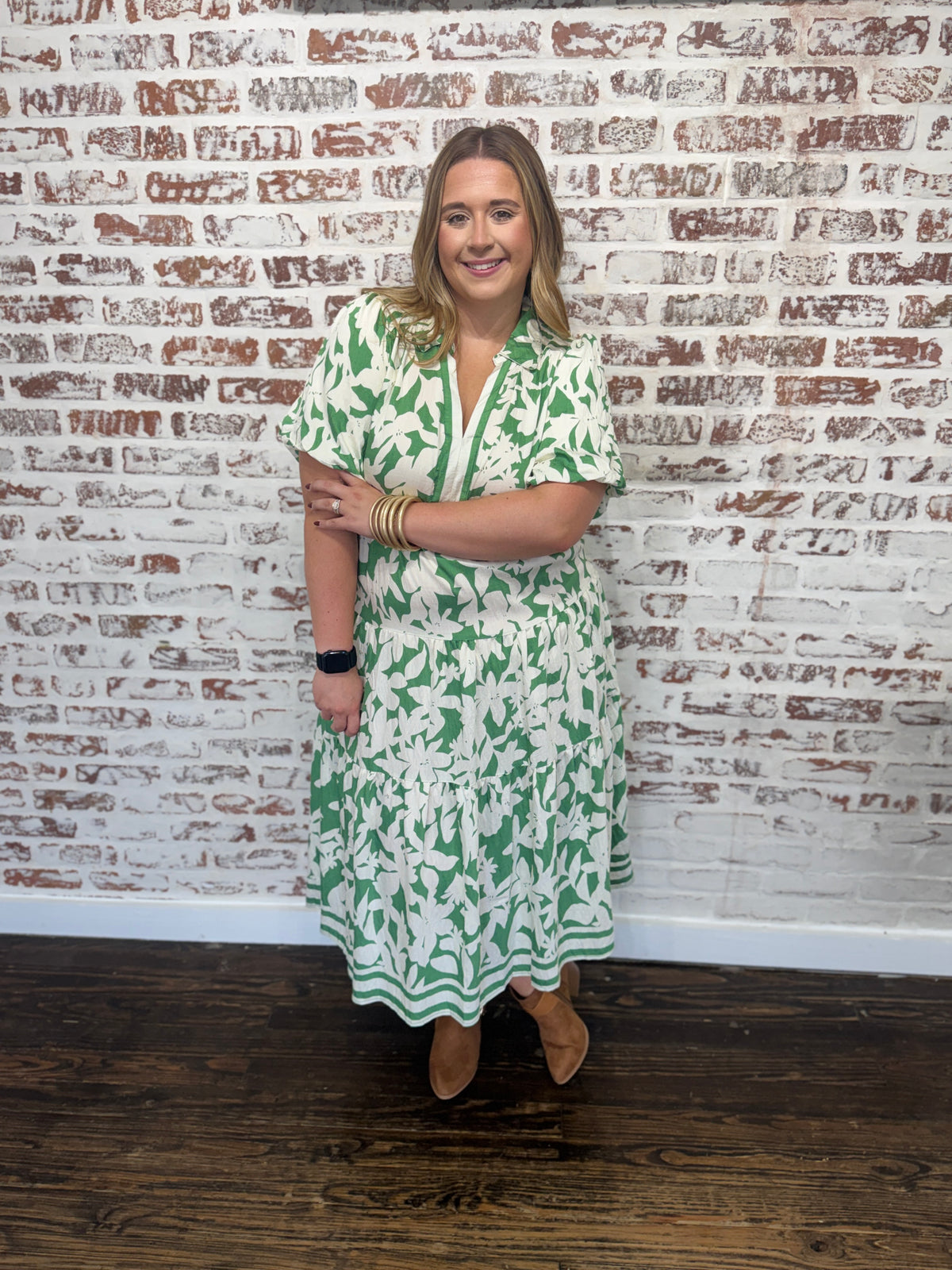 Botanical Print A-Line Tiered Midi Dress