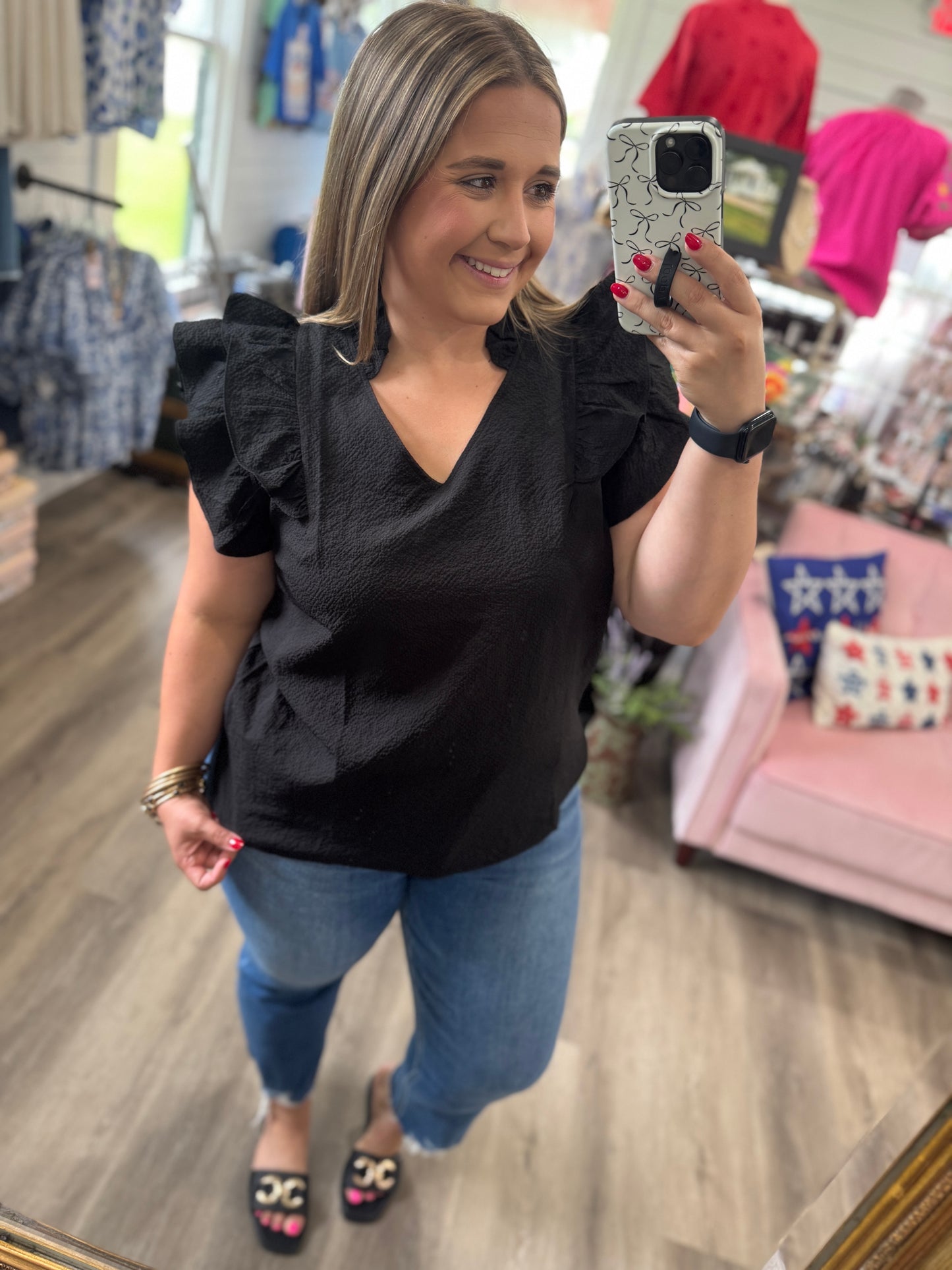 Liz Textured Ruffle Sleeve V-Neck Blouse