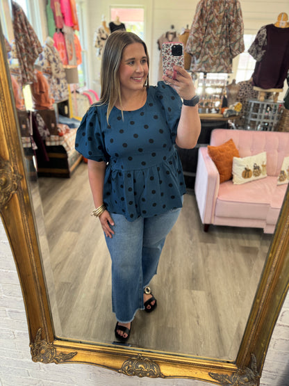 Kendall Polka Dot Puff Sleeve Top-Teal