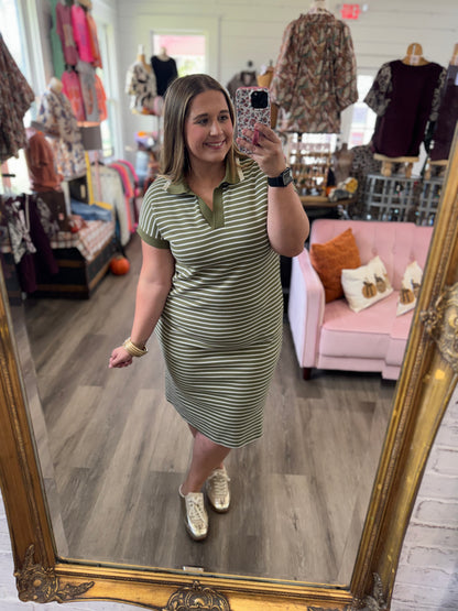Striped Collared Pocket Midi Dress-Green