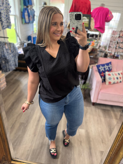 Liz Textured Ruffle Sleeve V-Neck Blouse