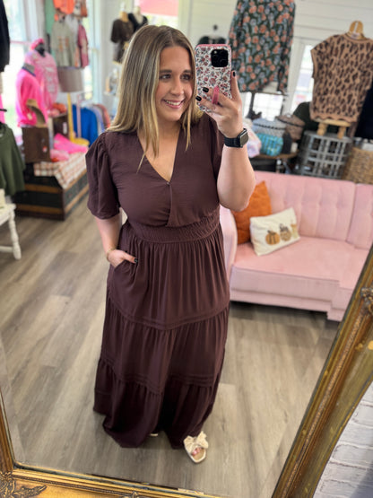 Sophie Pintuck Tiered Maxi Dress-Brown