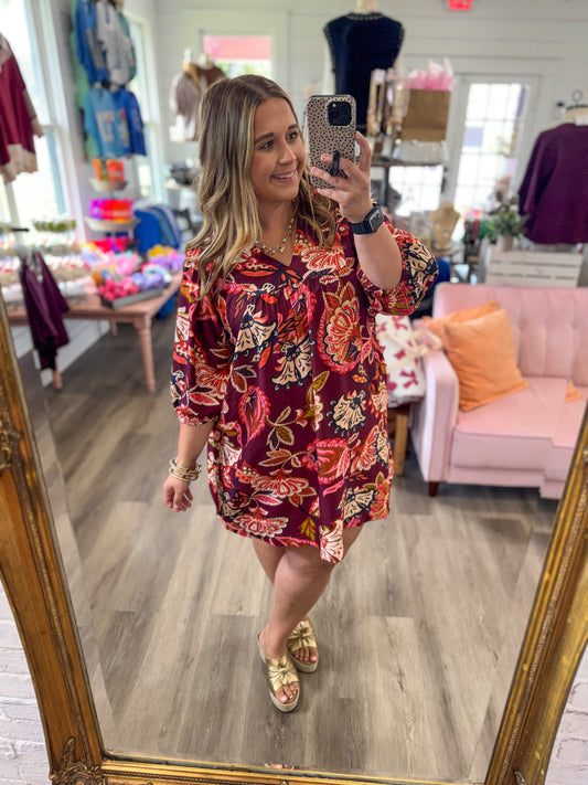 (S-2XL)Amber Abstract Print Puff Sleeve Babydoll Dress