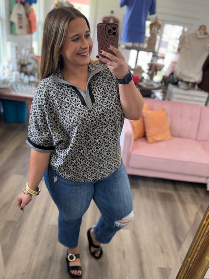 (S-2XL) Grace Geometric Split Neck Blouse