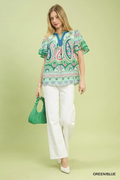 Andrea Paisley Print Ruffle Sleeve Blouse
