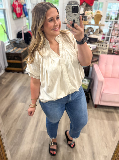Leslie Linen V-Neck Flutter Sleeve Top-Oatmeal