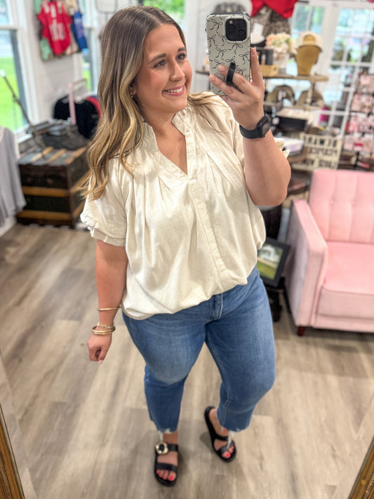 Leslie Linen V-Neck Flutter Sleeve Top-Oatmeal