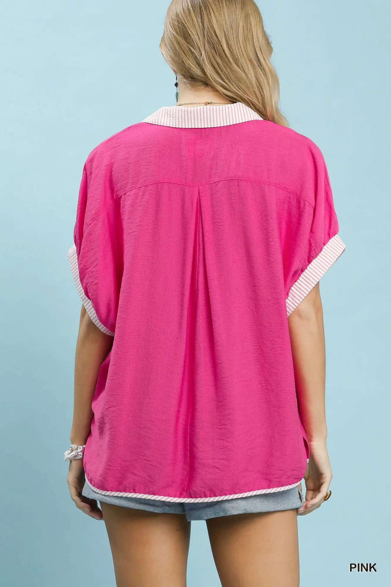 Tonya Oversized Contrast Stripe Trim Top-Pink