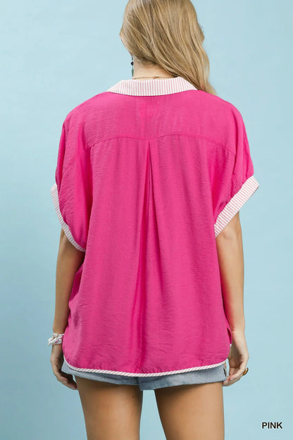Tonya Oversized Contrast Stripe Trim Top-Pink