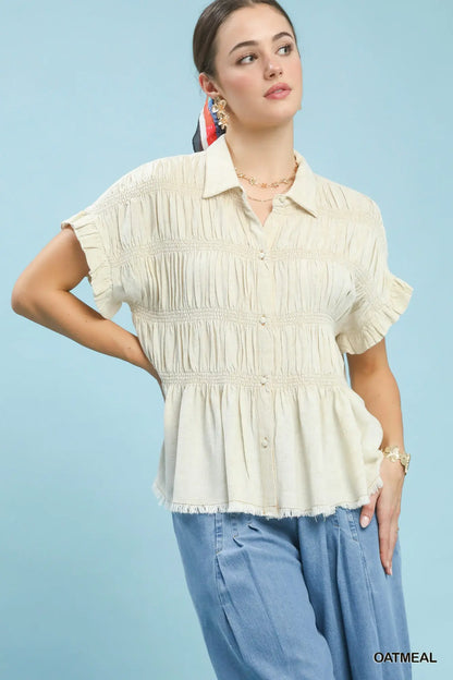 Kari Washed Linen Blend Smocked Shirt