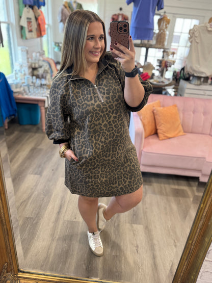 Allie Leopard Print Quarter Zip Puff Sleeve Dress