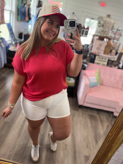 Kellee Rib Cap Sleeve Top- Ruby