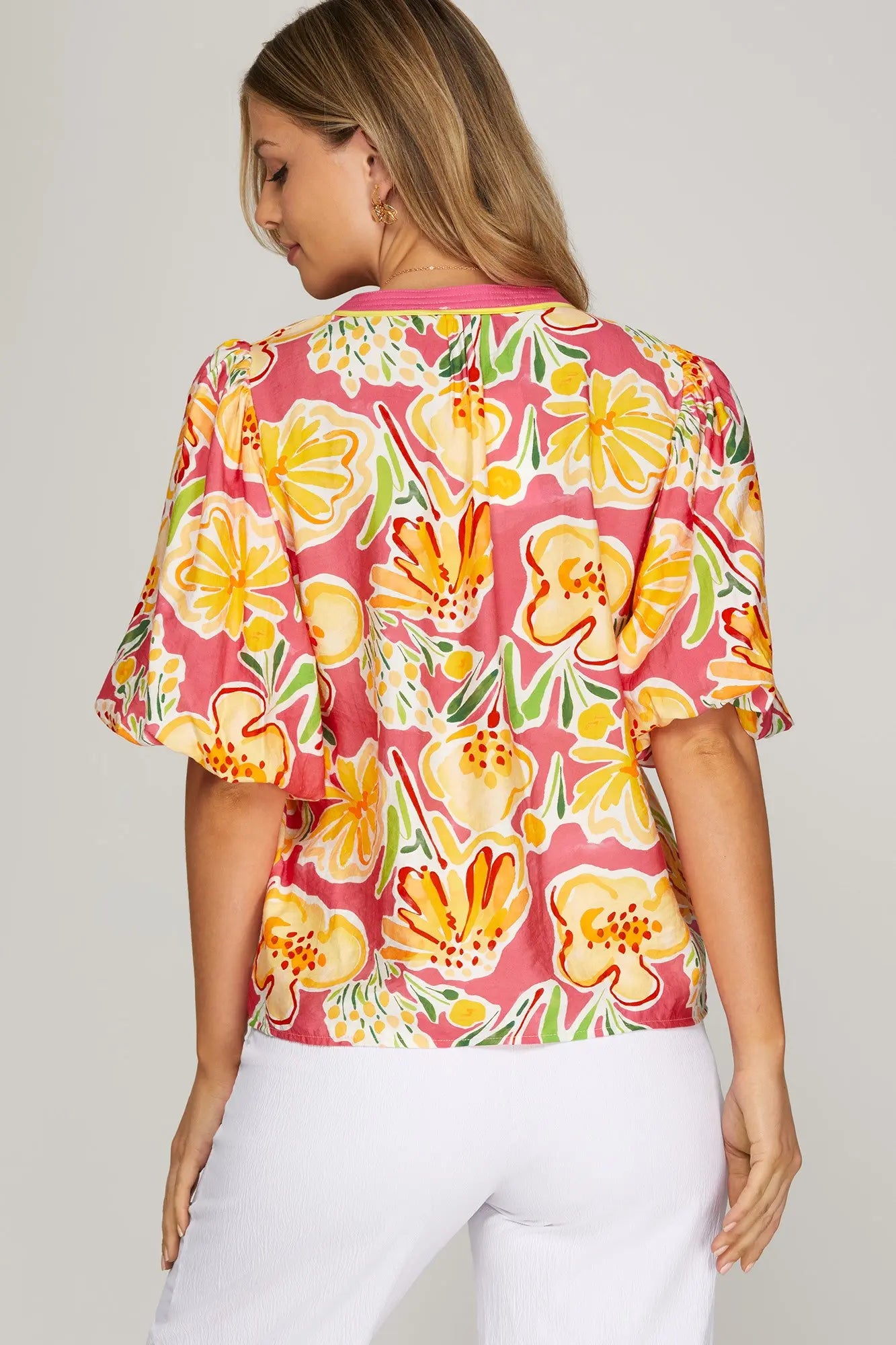 Kendall V-Neck Floral Print Top-Pink