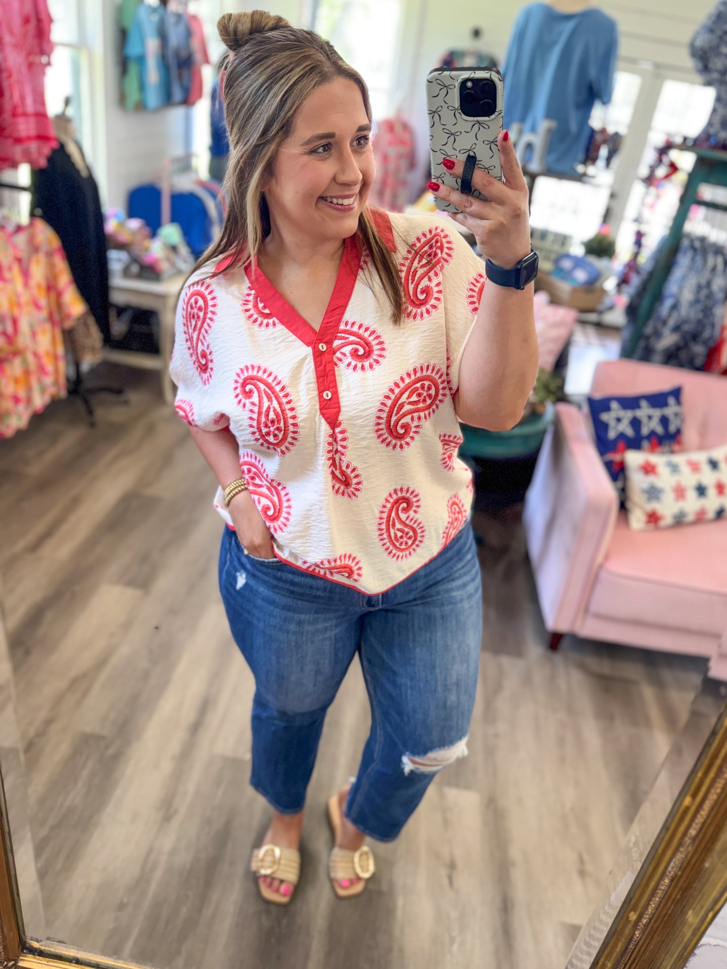 Jennifer Paisley Print Contrast Trim Top