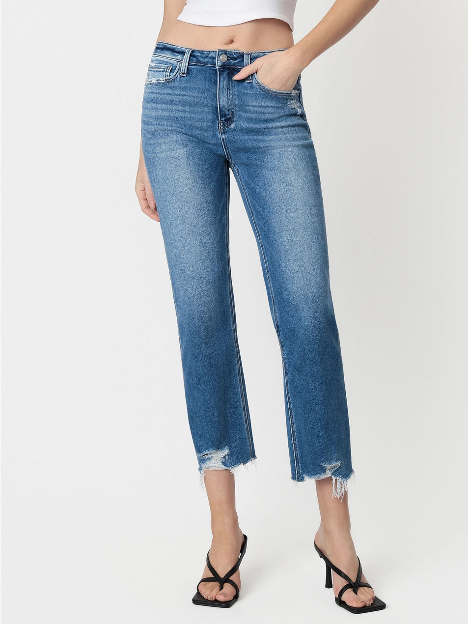 Romantic High Rise Frayed Hem Crop Straight Jeans