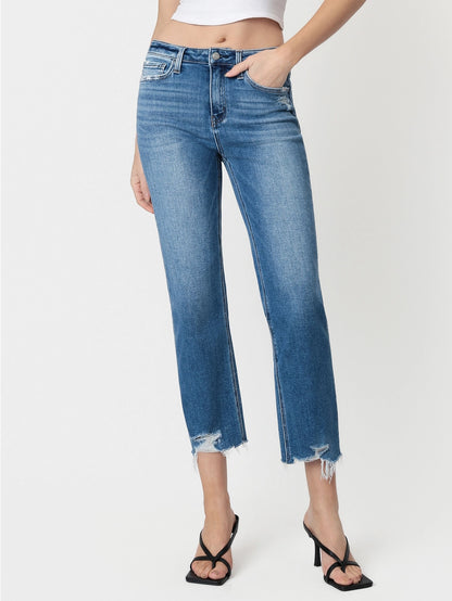 Romantic High Rise Frayed Hem Crop Straight Jeans