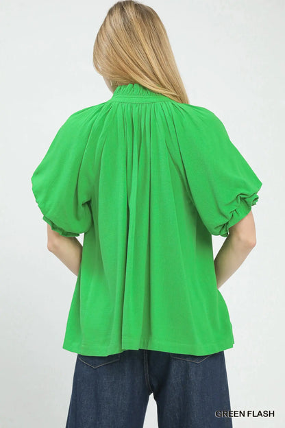 Leslie Linen V-Neck Flutter Sleeve Top- Green