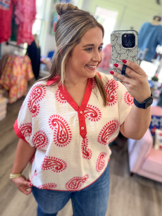 Jennifer Paisley Print Contrast Trim Top