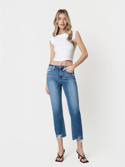 Romantic High Rise Frayed Hem Crop Straight Jeans