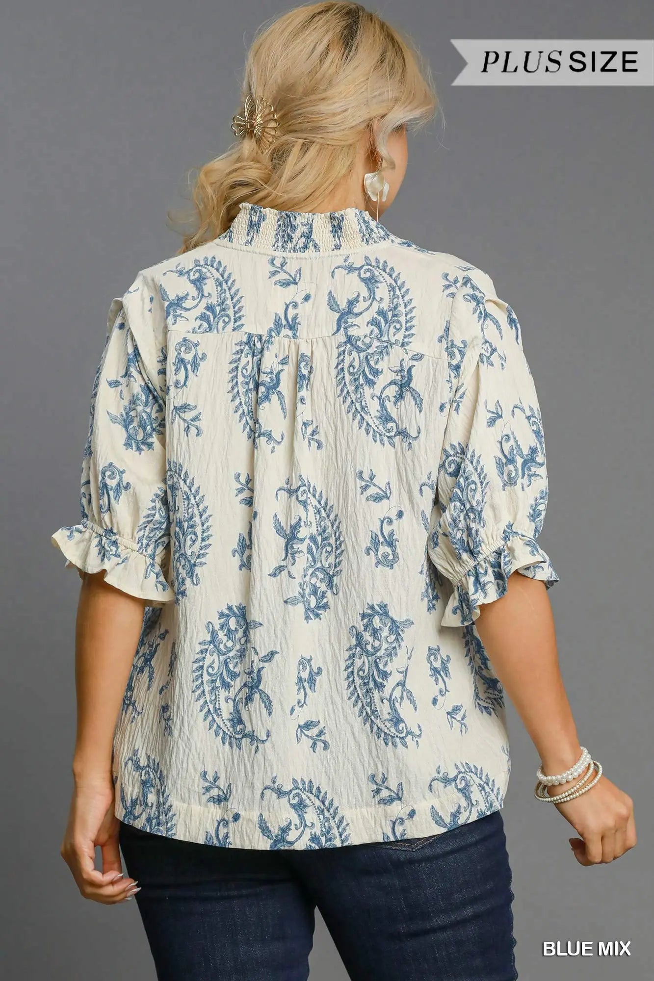 Sarah Paisley Print V-Neck Top-Blue