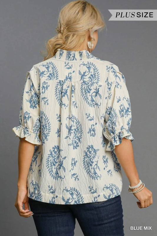 Sarah Paisley Print V-Neck Top-Blue