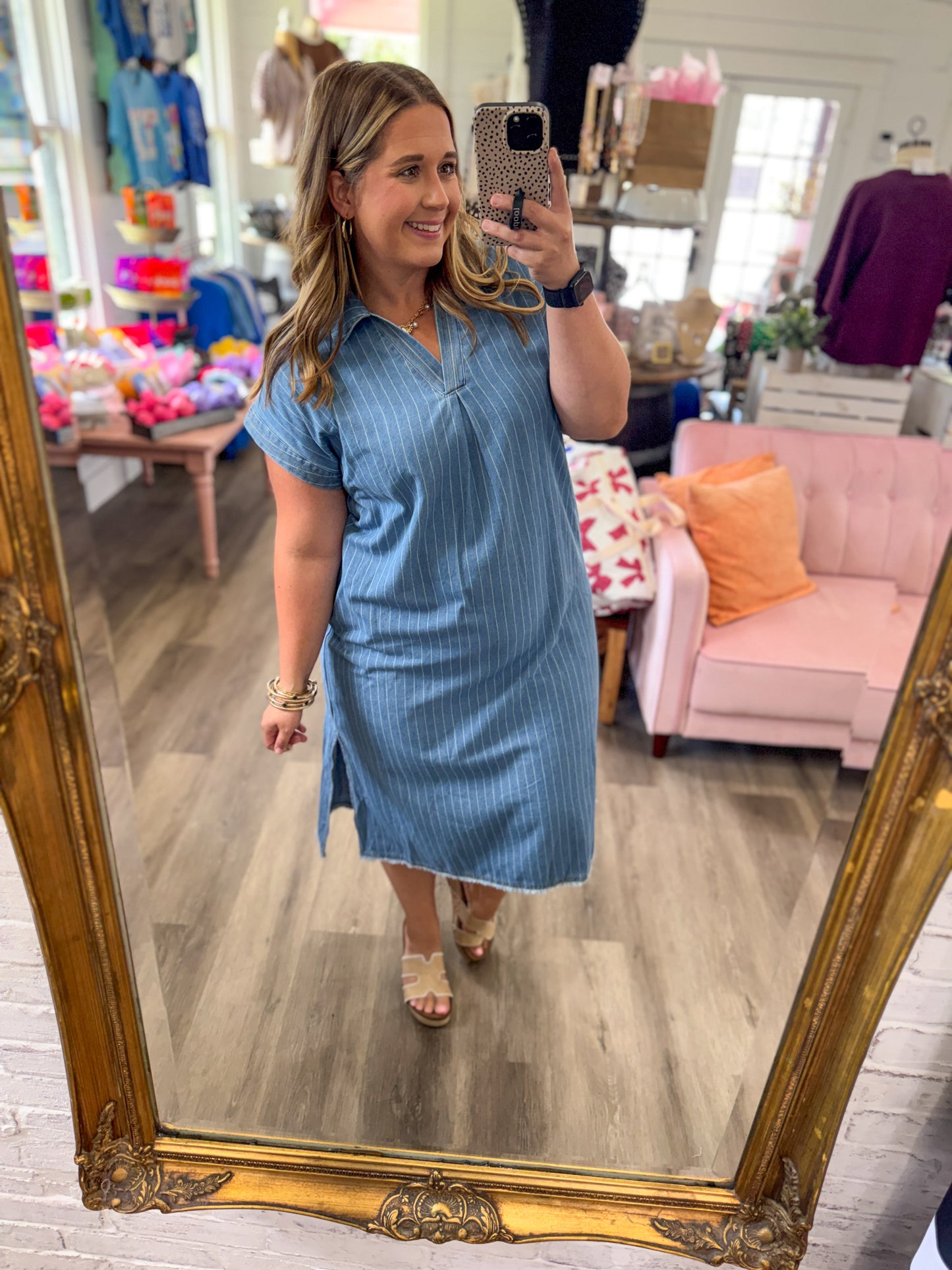 Darling Pinstripe Denim Collared Midi Dress