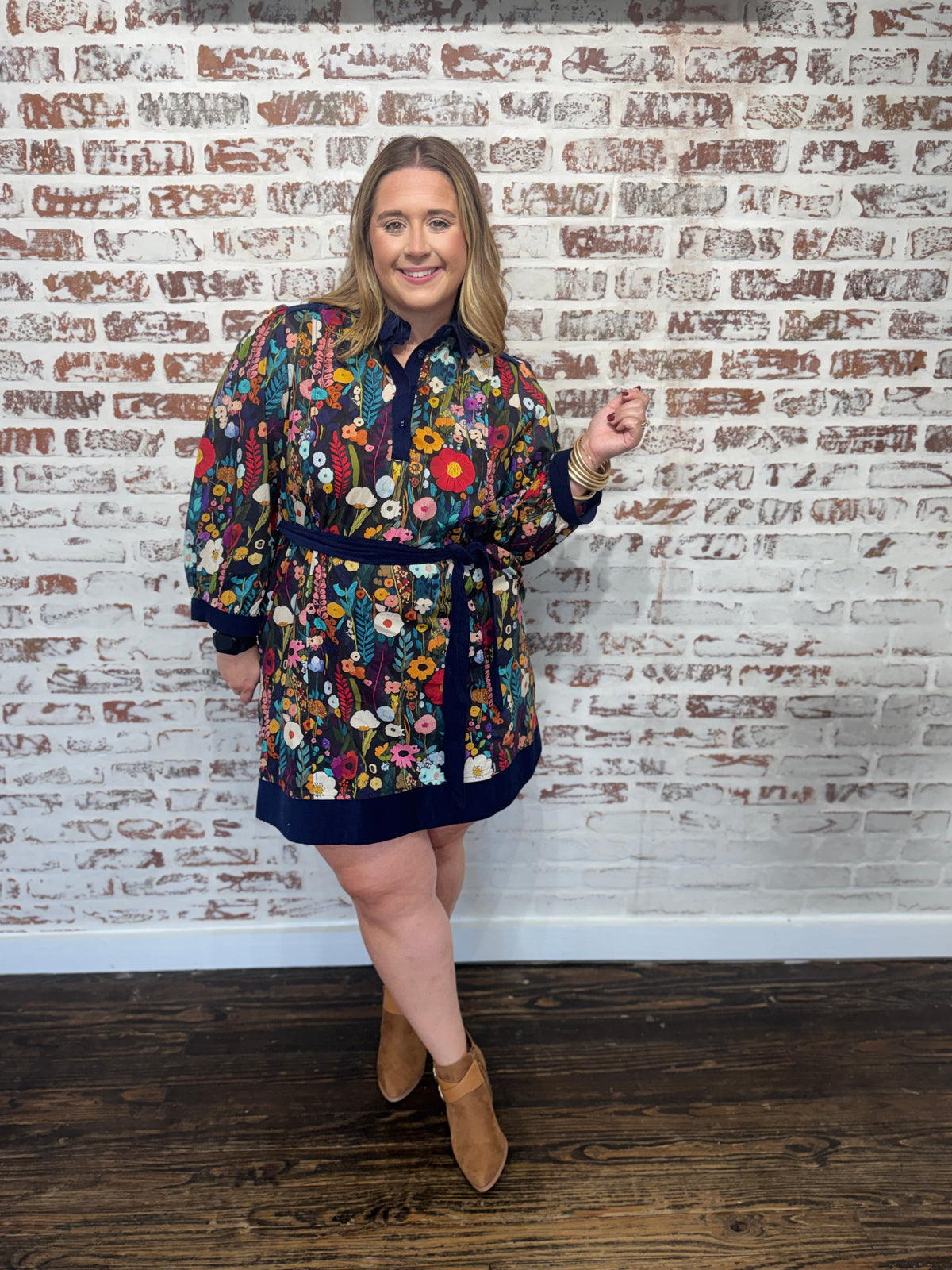 Floral Print Belted Puff Sleeve Dress