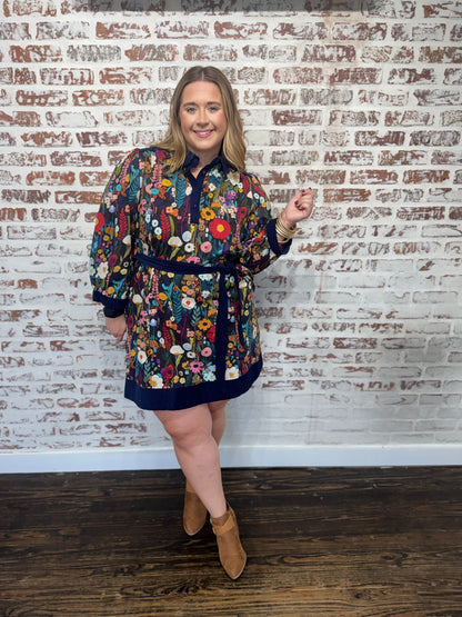 Floral Print Belted Puff Sleeve Dress