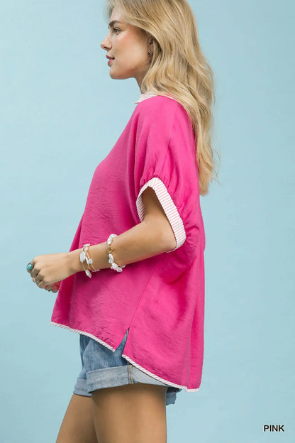 Tonya Oversized Contrast Stripe Trim Top-Pink