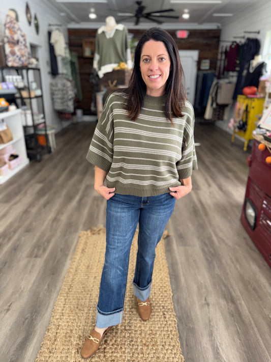 Harper Stripe Half Sleeve Sweater- Olive