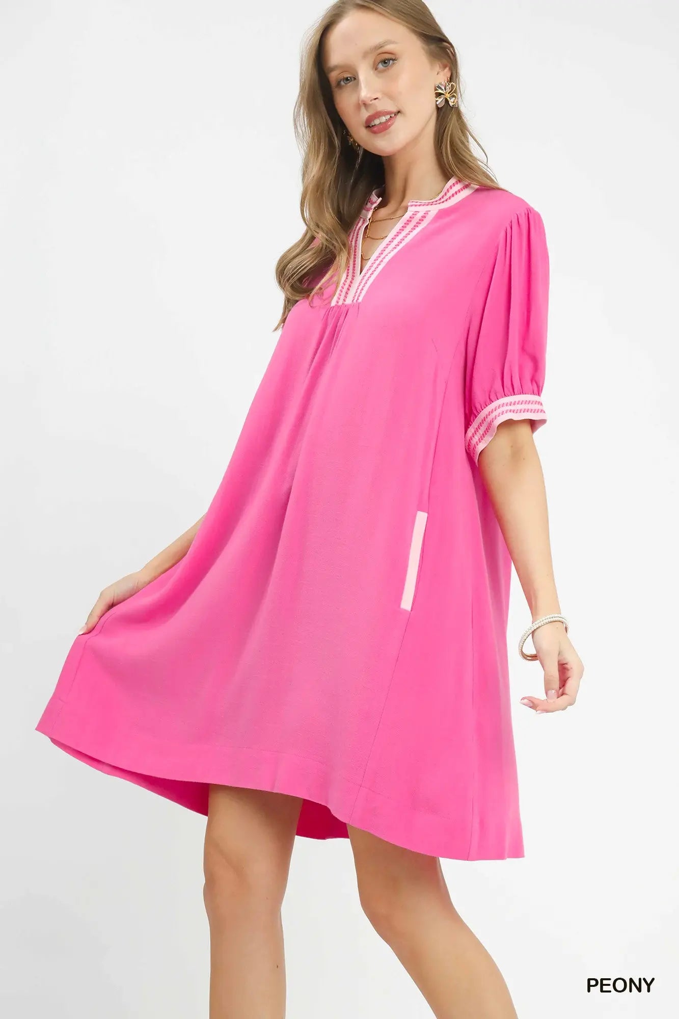 Makayla Linen Contrast Trim Puff Sleeve Dress