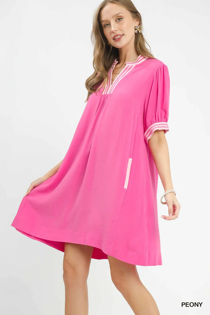 Makayla Linen Contrast Trim Puff Sleeve Dress